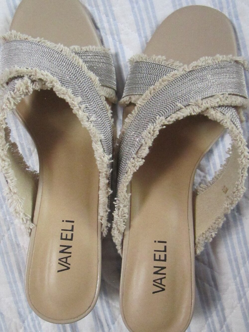 Vaneli Beige and Silver Heeled Fringed Slide Sandals